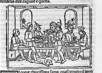 Scène de banquet en présence de membres de la noblesse florentine. Illustration pour le "Décaméron" de Giovanni Boccaccio (1313-1375), écrivain italien. Gravure dans "Decamerone ouer Cento novelle" Venise, Bartolomeo de 