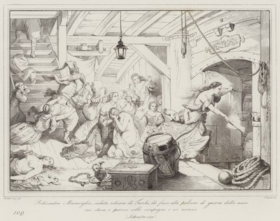 Bellisandra Maraviglia, tombée esclave des Turcs, met le feu à la poudre de guerre du navire où... - Italian School
