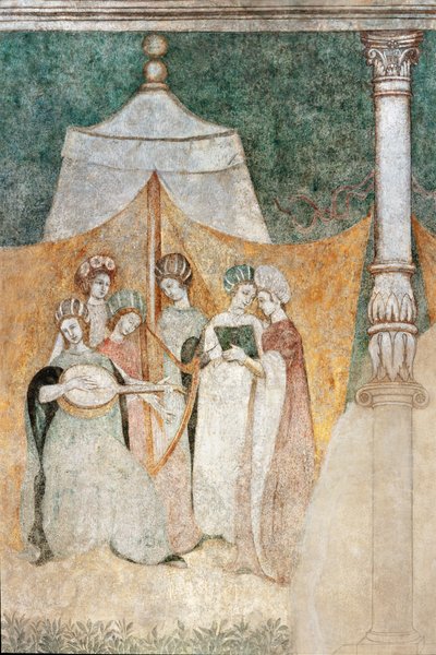 Bicocca degli Arcimboldi : fresque du 15ème siècle, détail de femmes jouant de la musique (fresque) - Italian School