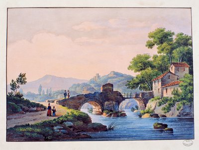 Pont sur une rivière, paysage italien - Italian School
