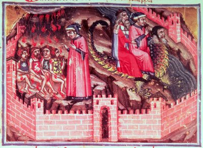 Chant XVII Quatre sodomites : Dante et Virgile chevauchent le dos de Géryon dans le cercle des fraudeurs, de la Divine Comédie (l