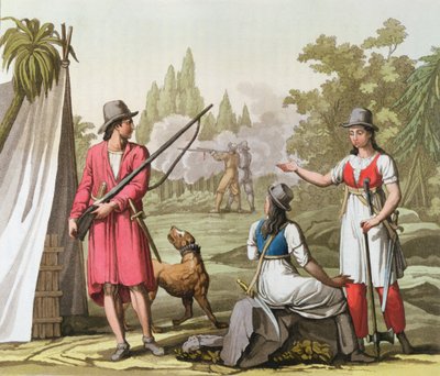 Capitaine John Rackham (d.1720) Anne Bonney (d.1720) et Mary Read (d.1720) dans les Antilles, vers 1820 - Italian School