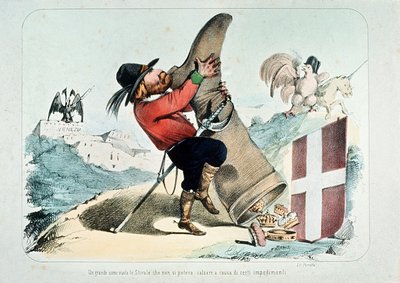 Caricature de Giuseppe Garibaldi vidant une botte (Italie) pleine de couronnes, par Litografia Perrotta - Italian School