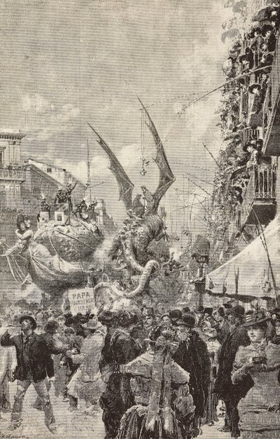 Défilé de chars pendant le dernier jour du Carnaval, Naples, Italie, gravure d