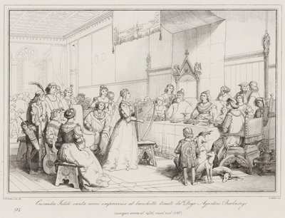 Cassandra Fedele chante des vers improvisés au banquet tenu par le Doge Agostino Barbarigo... - Italian School