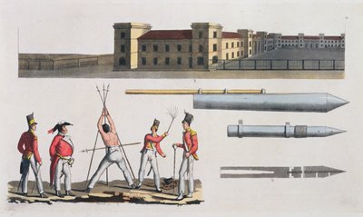 Caserne de Chatham, une punition militaire appelée le Triangle et les fusées Congreve, planche 17 de The History of the Nations - Italian School