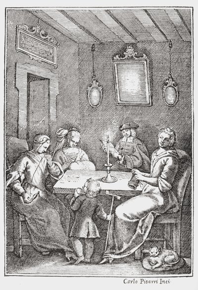 Chiaqlira lisant des contes à un groupe de couture, couverture de The Pentamerone de Giambattista Basile, 1742 - Italian School