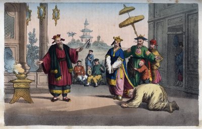 Chine - Une représentation théâtrale en plein air - gravure de 