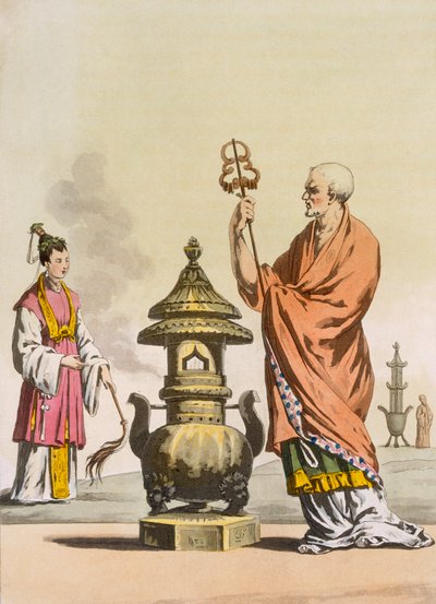 Coutumes religieuses taoïstes chinoises : Un bonze en robes cérémonielles, gravé par Fumagalli et Bramatti, vers 1820-30 - Italian School