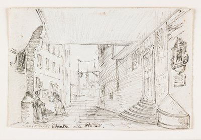 Rue de la ville à Gênes, avec le phare et le port en arrière-plan, début du 19ème siècle - Italian School
