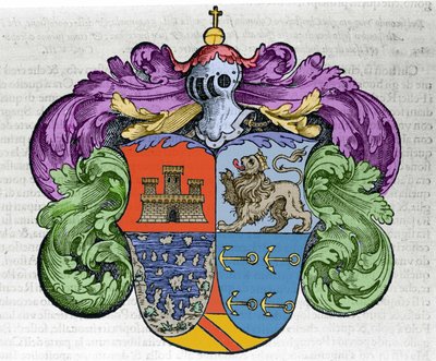 Blason du navigateur Christophe Colomb (1451-1506) : les quatre parties de l