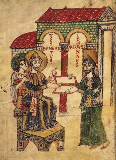 Abbé Jean offrant le manuscrit à Saint Benoît (c.480-c.550), abbé et fondateur de Montecassino, écrit par le diacre Paul, italien, 915, du Commentaire sur les règles monastiques de Saint Benoît - Italian School