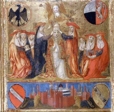 Couronnement de Pie II (Enea Silvio Piccolomini). Pape italien (1458 - 1464). En bas, la ville fortifiée de Sienne. Bicherna (couverture du registre comptable de la ville de Sienne) de 1460. Archives Nationales - Museo delle Tavolette de B - Italian School