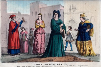 Costumes à Sienne entre le XIIIe et le XIVe siècle - gravure de «Usi e Costumi di Tutti i Popoli dell