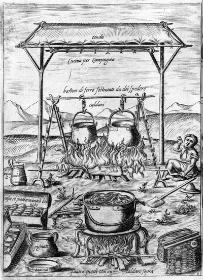 Cuisine de campagne : chaudrons et pots sont placés sur le feu. Gravure de « Opera », livre de gastronomie divisé en 6 parties, par Bartolomeo Scappi, cuisinier personnel du pape Pie V. Venise - Italian School