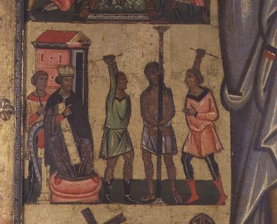 Crucifixion avec histoires de la Passion : (détail) montrant la flagellation du Christ, école de Lucques - Italian School