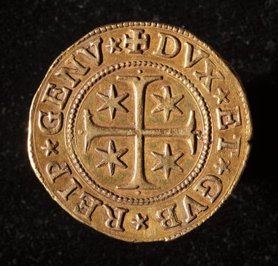 Monnaie de la République de Gênes : pièce de cinq doppie en or. Diam. 41 mm. 1642. recto. Gênes Musei di Strada Nuova - Italian School