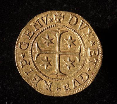 Monnaie de la République de Gênes : pièce de cinq doppie en or. Diam. 41 mm. 1652. recto. Gênes Musei di Strada Nuova - Italian School