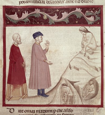 Dante et Virgile (70-19 av. J.-C.) rencontrent les âmes emprisonnées dans les rochers, de La Divine Comédie de Dante Alighieri (1265-1321) - Italian School