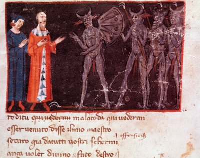 Dante et Virgile parlent avec Malacoda, chef des escadrons Malebranche (chant 21 de l