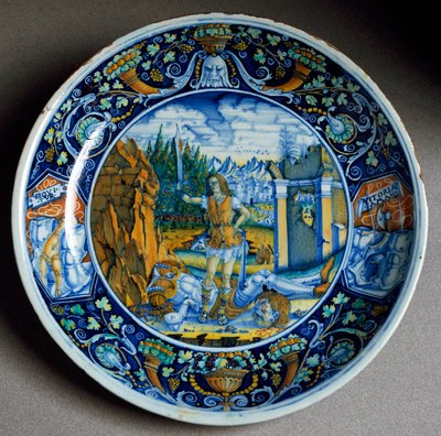 David triomphant de Goliath, assiette en céramique produite à Faenza, Italie. Vers 1507, Florence, Museo Nazionale del Bargello - Italian School