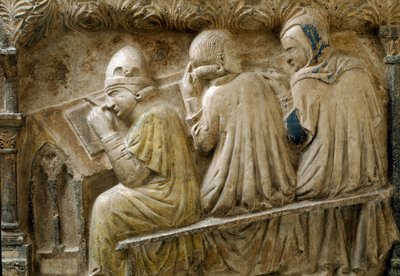 Détail représentant des étudiants suivant le cours de Bonifacio Galluzzi (Pierre tombale, vers 1346) - Italian School