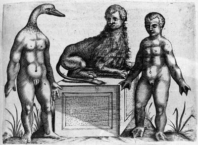 Différents types de monstres humains : un homme avec une tête de canard, un homme avec un corps de lion et un autre avec des mains en forme de palme. Gravure de « De monstrorum natura, causis et differentiis » par Fortunio Liceti (1577-1656), scientifique  - Italian School