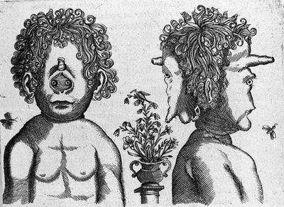 Différents types de monstres humains : visage et face de tête de monstre. Gravure de « De monstrorum natura, causis et differentiis » de Fortunio Liceti (1577-1656), scientifique italien. 1646 - Italian School