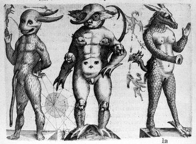 Différents types de monstres humains avec des corps mi-humains, mi-animaux. Gravure de « De monstrorum natura, causis et differentiis » par Fortunio Liceti (1577-1656), scientifique italien. 1646 - Italian School