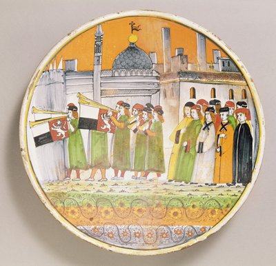 Plat décoré de musiciens (céramique) - Italian School