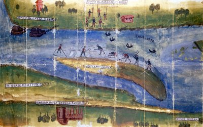 Dispute sur le droit de récolter la glace entre les habitants de la rivière Po. 1535. Milan, Archives Nationales - Italian School