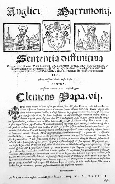 Document déclarant le jugement du Pape sur la validité du mariage de Henri VIII et Catherine d