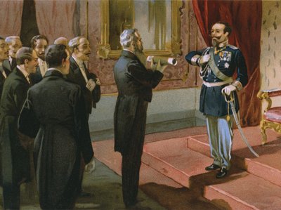 Le duc de Sermoneta offrant au roi Victor Emmanuel II (1820-78) le plébiscite de Rome au Palazzo Pitti, Florence, 1870, illustration d