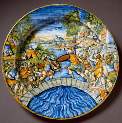 Épisode de la défense du pont Sublicius par le héros légendaire romain Horatius Cocles lors des combats contre les Étrusques. Assiette en céramique produite à Urbino dans l