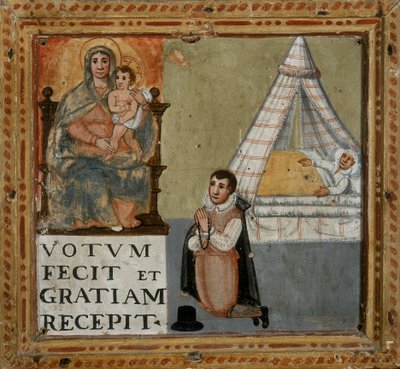 Ex-voto représentant un homme remerciant la Vierge à genoux pour avoir été guéri d