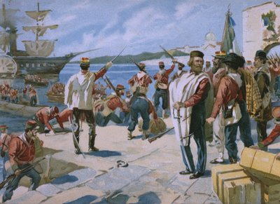 Expédition des Mille sous la direction de Giuseppe Garibaldi, débarquement à Marsala, Sicile, 1860, illustration d