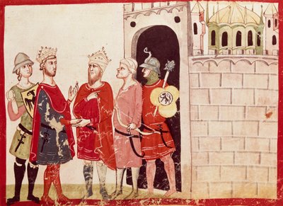Frédéric II conclut un accord avec le sultan de Jérusalem, miniature des Chroniques de Giovanni Villani, manuscrit, Italie, XIVe siècle - Italian School
