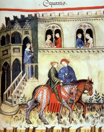 Équitation, illustration du Tacuinum Sanitatis Codex Vindobonensis - Italian School