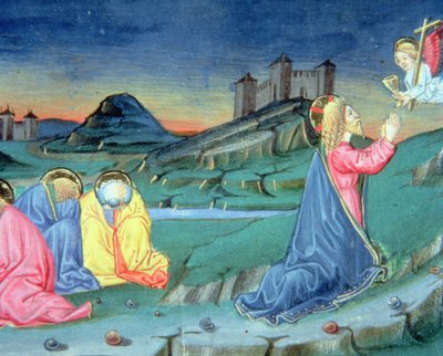 Fol.104r Ayant prié sur le Mont des Oliviers, un ange arrive pour réconforter le Christ - Italian School