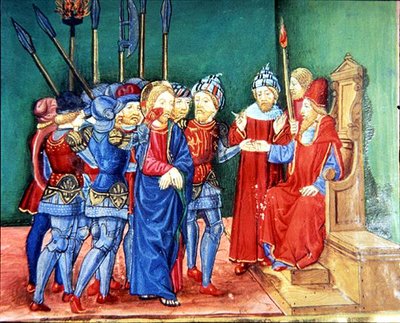 Fol.106v Le Christ est conduit comme prisonnier devant Anas, le grand prêtre - Italian School