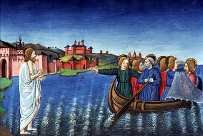 Fol.134r Les disciples pêchent dans le lac de Galilée - Italian School