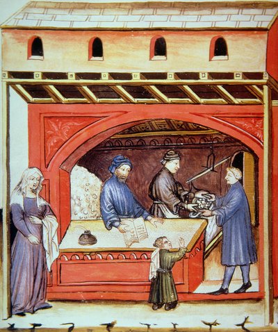 Vente de sel, illustration du Tacuinum Sanitatis Codex Vindobonensis - Italian School