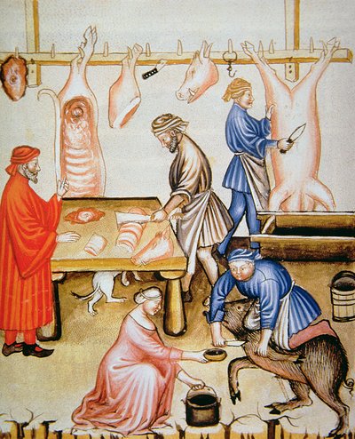 Les bouchers : Viande de porc, illustration de Tacuinum Sanitatis Codex Vindobonensis - Italian School