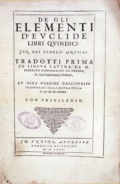 Frontispice du volume XV « Éléments » par le mathématicien grec Euclide (3e siècle av. J.-C.) - Italian School