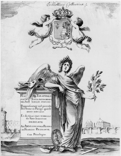 Frontispice pour les Feste teatrali per la Finta Pazza joué en 1645 au Théâtre Petit Bourbon à Paris - Italian School