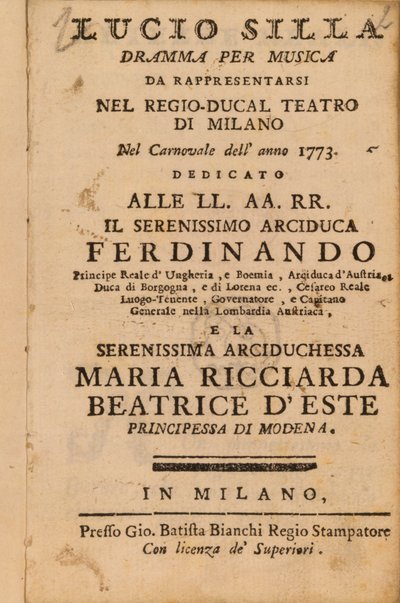 Frontispice de Lucio Silla de Mozart, joué à Milan en 1773 - Italian School