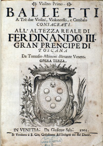 Frontispice de la partition musicale de Balletti a tre, opera III par Tomaso Albinoni (1671-1750) - Italian School