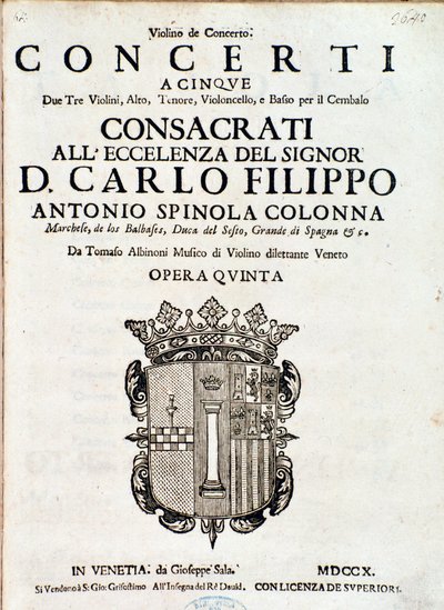Frontispice de la partition musicale de « Concerti a cinque, opera 5 » par Tomaso Albinoni - Italian School