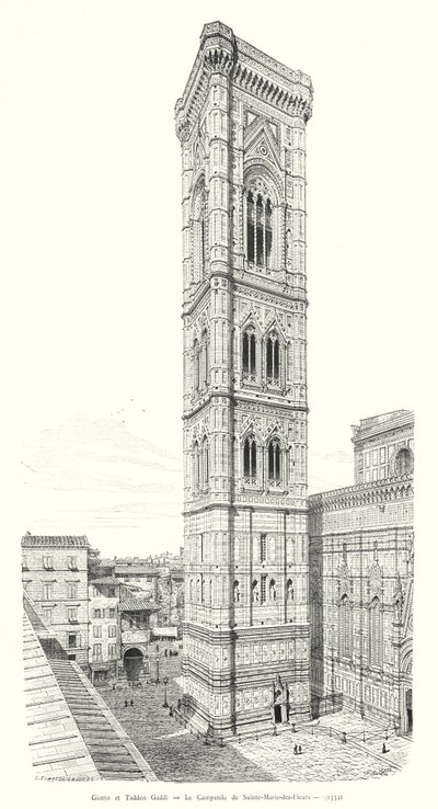 Giotto et Taddeo Gaddi, Le Campanile de Sainte-Marie-des-Fleurs (gravure) - Italian School