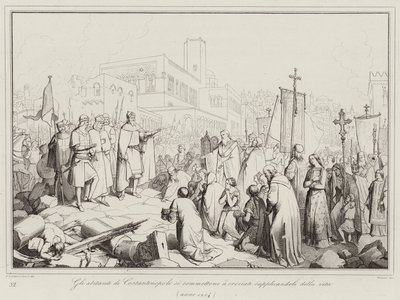 Les habitants de Constantinople se soumettent aux croisés en les suppliant pour leur vie - Italian School